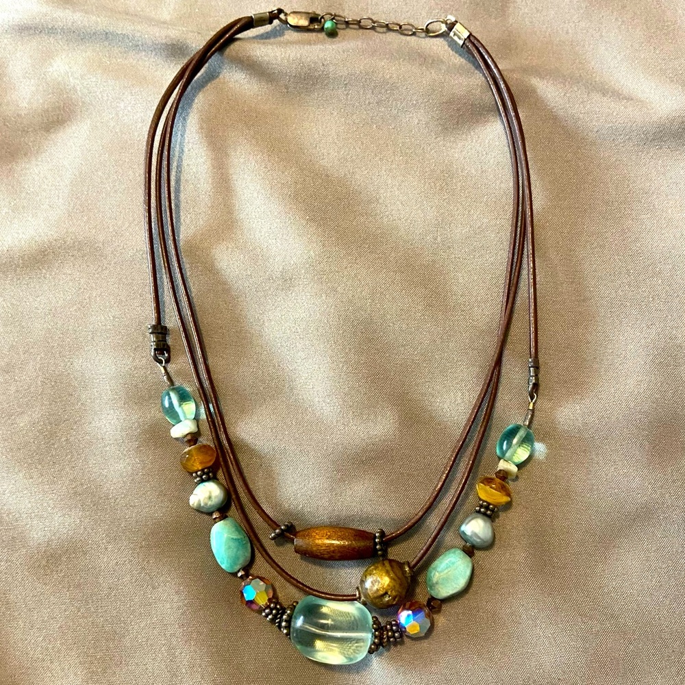 Short Beaded Necklace - Teal and Brown - Picture 2 of 3